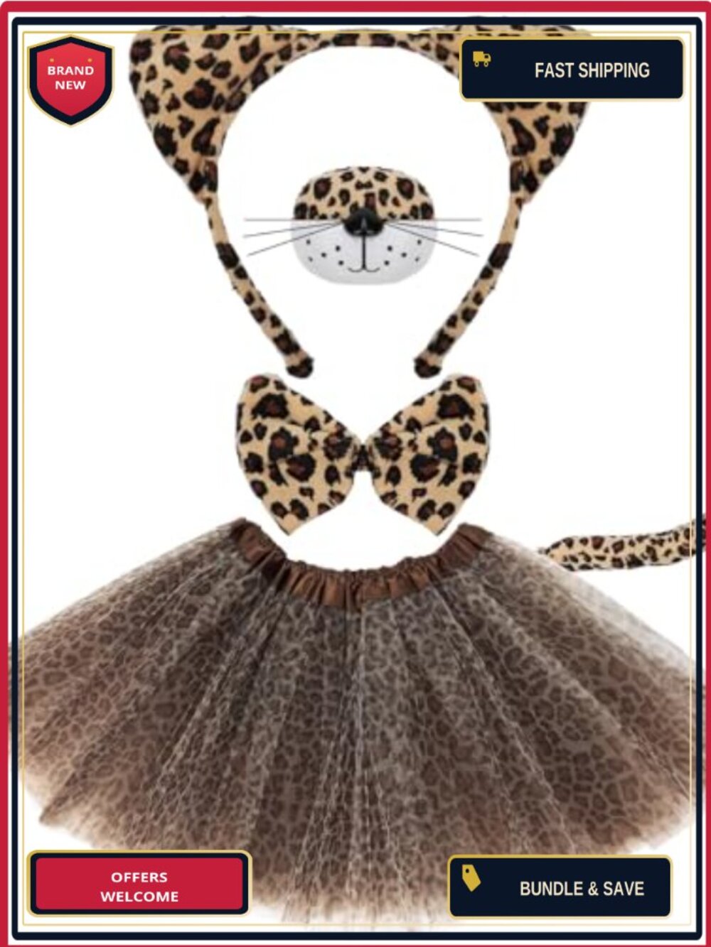 Cheetah Costume Accessory Set Ears Headband Nose Bow Tie Tail Tutu Fancy Dress